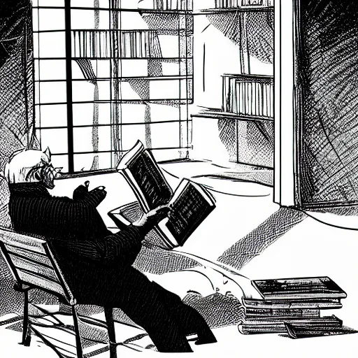 Prompt: detailed photorealistic bokeh cinematic artsy comical dynamic smooth detailed details 2 d illustration pictures a old man read manga while sitting on his library