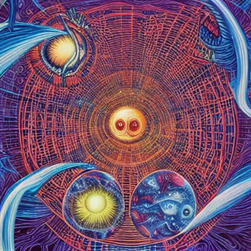 Image similar to krakken battling the spaghetti monster in outer space imagined by alex grey