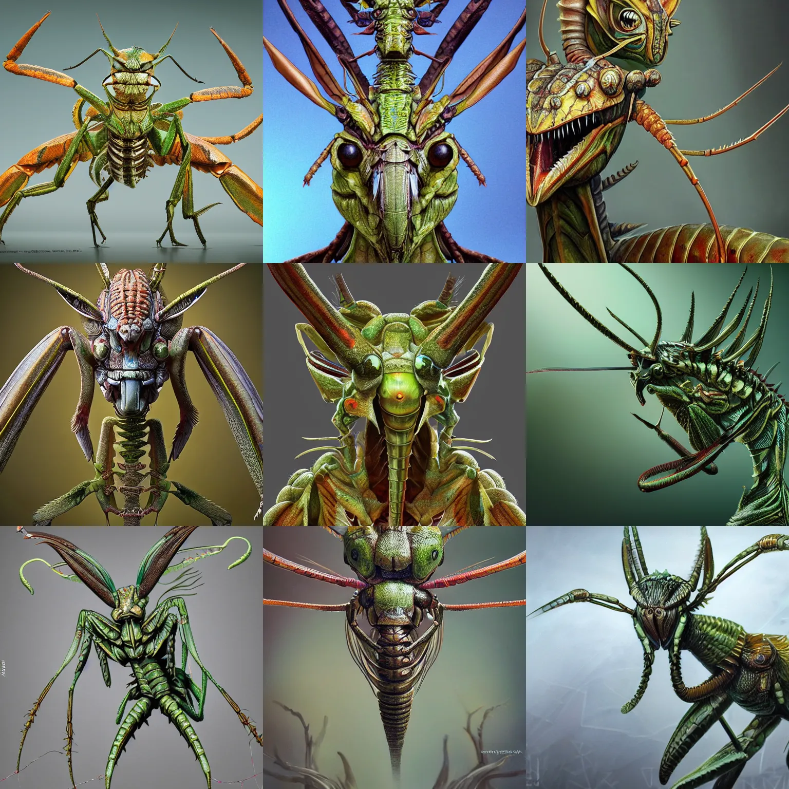 Prompt: a concept art of a mantis assassin, apex predator, antennae on a hestiasula head, mantid features, insectile forearms folded, anatomically correct, highly detailed, fantasy art, octane render, artstation hd, by ernst haeckel
