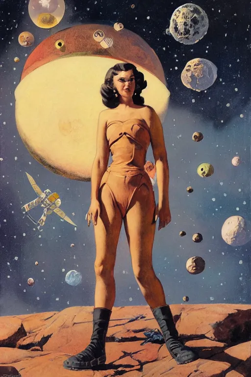 Image similar to 5 0 s pulp scifi fantasy illustration full body portrait slim woman on rocky mars, background of spaceship space nebula, by norman rockwell, roberto ferri, daniel gerhartz, edd cartier, jack kirby, howard v brown, ruan jia, tom lovell, frank r paul, jacob collins, dean cornwell, astounding stories, amazing, fantasy, other worlds