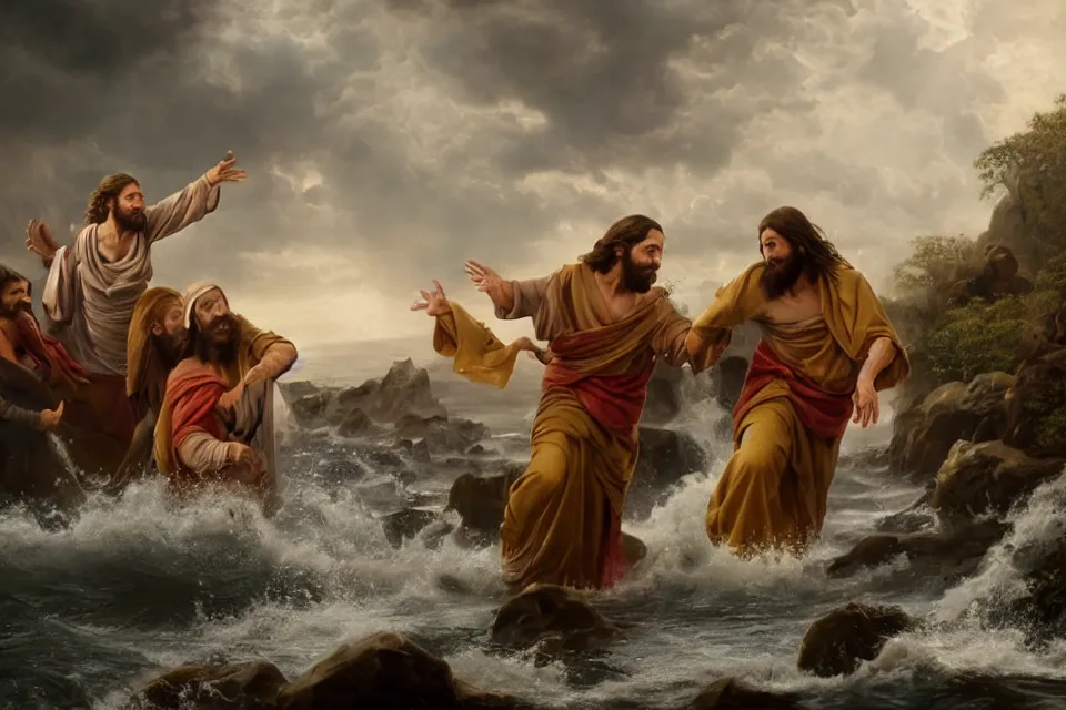 Image similar to An epic matte painting of Jesus saving Petrus in the Water, beautiful, stunning, gorgeous, 4k resolution, professional digital art, f16, intricate