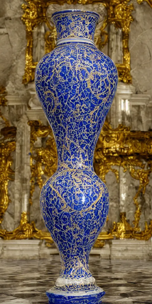 Prompt: an ornate baroque vase breaking on the marble tile floor, exploding into dust, dark - blue light - blue gold silver white black beige, volumetric dust rays, intricate detail, ultra realistic, cinematic lighting, moody, wet, shiny