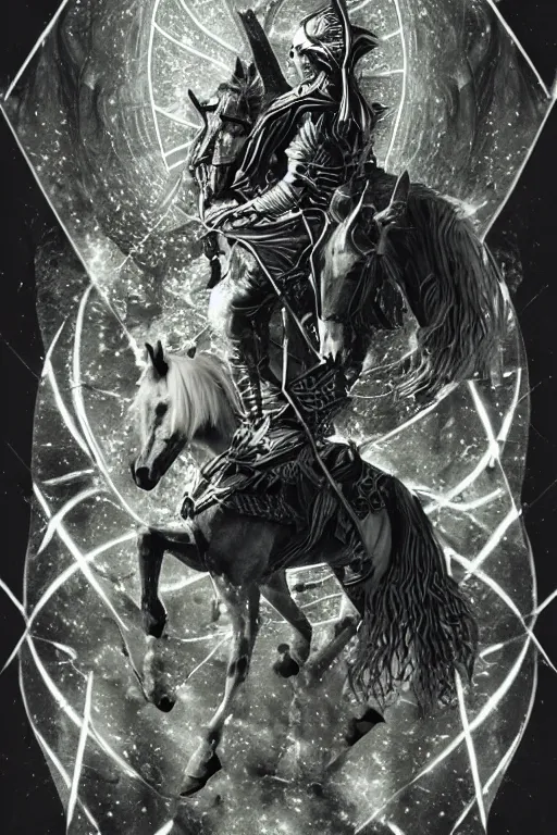 Image similar to self - transforming machine elf riding horse and holding chalice in the style of nordic noir television, dmt fractal tiling across the background, double exposure film, black and white kodak portra, knight of cups, vintage etteilla tarot