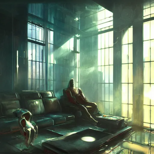 Prompt: cyberpunk living room interior, windows, light rays, buildings, dystoptian, gorgeous view, no person, depth, painted by Seb McKinnon, clouds, tending on artstation