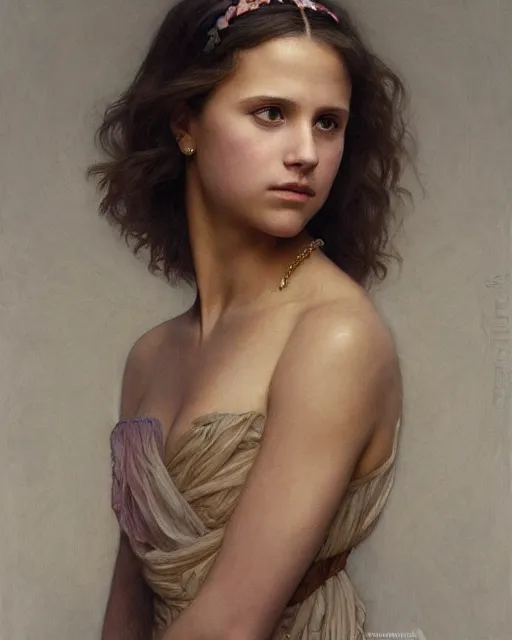 Image similar to a portrait painting of a shy, blushing 1 6 - year old alicia vikander or millie bobby brown, backlit, wearing a greek dress, elegant, highly detailed, artstation, concept art, by krenz cushart and donato giancola and william adolph bouguereau and alphonse mucha