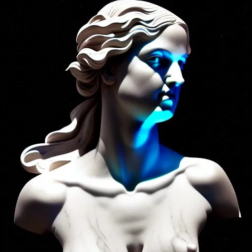 Prompt: sci - fi cgartist wide shot anaglyph ambient occlusion rendering of a hyper realistic marble greek statuary beautiful goddess glowing with embedded leds head product photo high key colored lighting, trending on artstation volumetric lighting