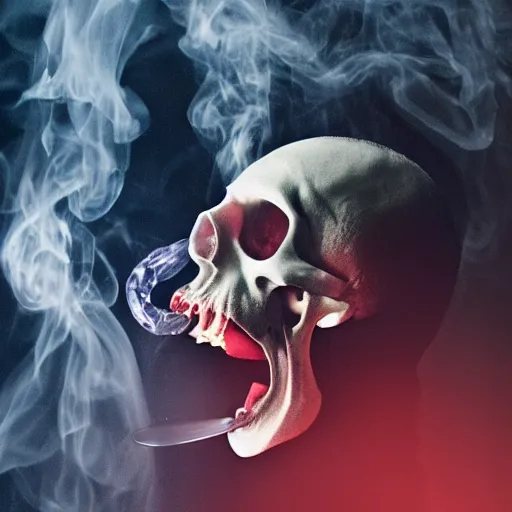 Prompt: dracula exhaling a large hit from his skull shaped crystal bong, award winning professional marijuana photography