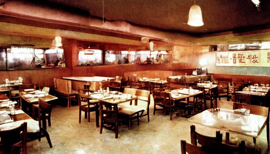 Prompt: 70s movie still of north korean restaurant, eastmancolor, heavy grain, high quality, higly detailed, liminal space