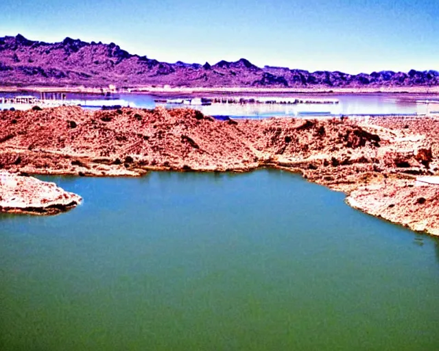 Image similar to there is a void made of teeth in lake havasu in the foreground with water reflections. my teeth are sharp. tourist trap.