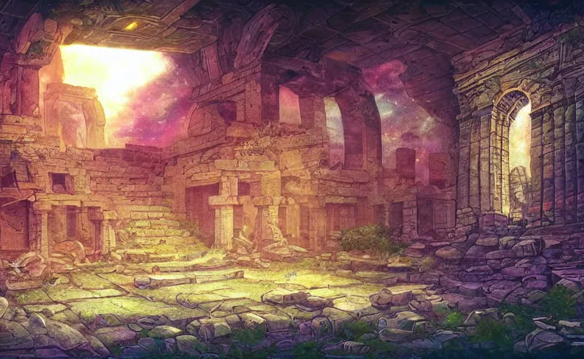 Image similar to a portal in the floor, ancient ruins, epic retrowave art, trending on art station