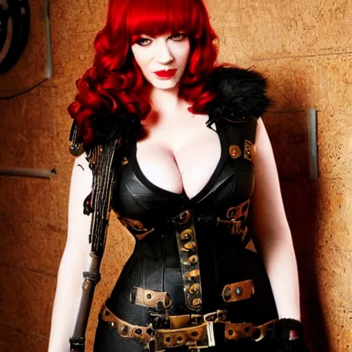 Prompt: full body photo of christina hendricks as a steampunk vampire warrior