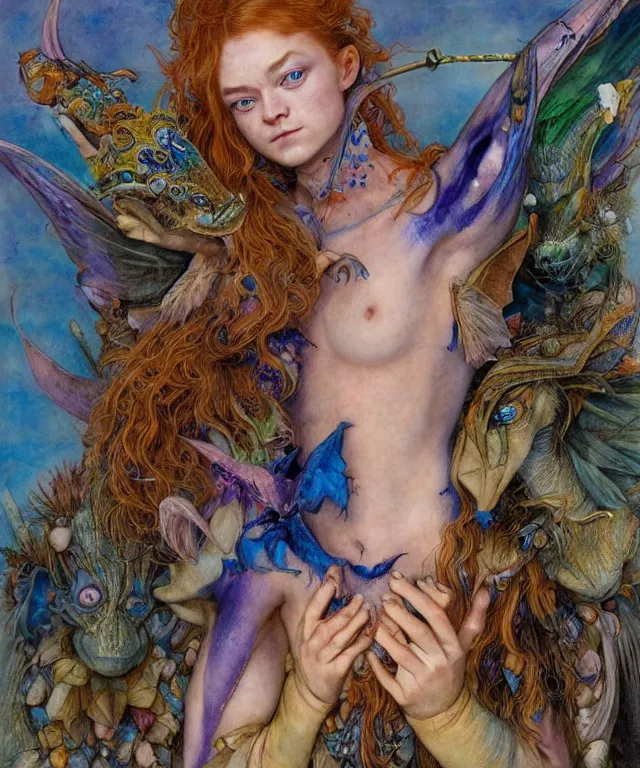 Image similar to a portrait photograph of a meditating fierce sadie sink as a colorful harpy antilope super hero with blue skin with scales. she is being transformed into a alien amphibian animal. by donato giancola, hans holbein, walton ford, gaston bussiere, peter mohrbacher and brian froud. 8 k, cgsociety, fashion editorial