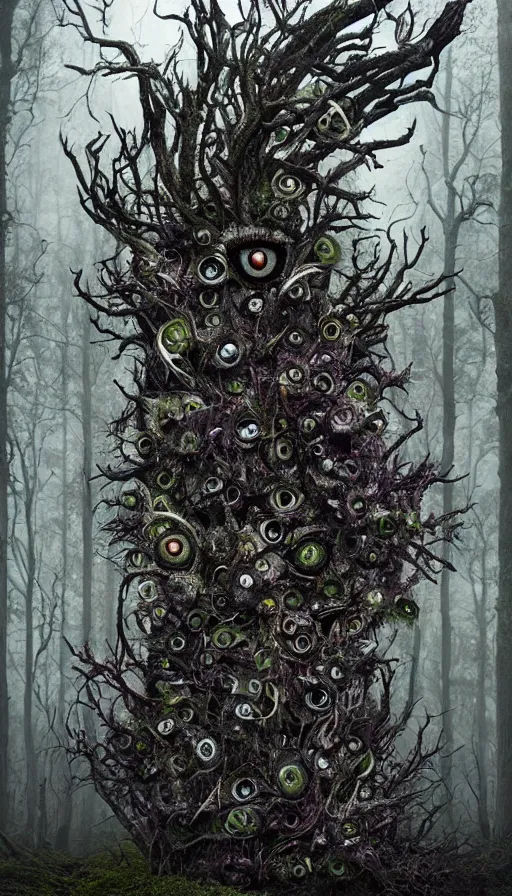 Prompt: a storm vortex made of many demonic eyes and teeth over a forest, by kirsty mitchell