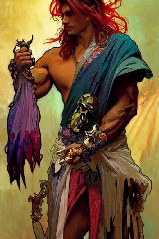 Prompt: A mage wearing colorful clothes, muscular, fantasy, holding a skull, painting by greg rutkowski and alphonse mucha