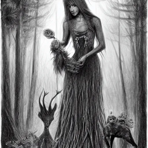 Image similar to pencil drawing, cenozoic by alejandro burdisio rich. a experimental art of a vasilisa standing in the forest, surrounded by animals. she is holding a basket of flowers in one hand & a spindle in the other. gentle expression. in the background, the forest is dark & mysterious.