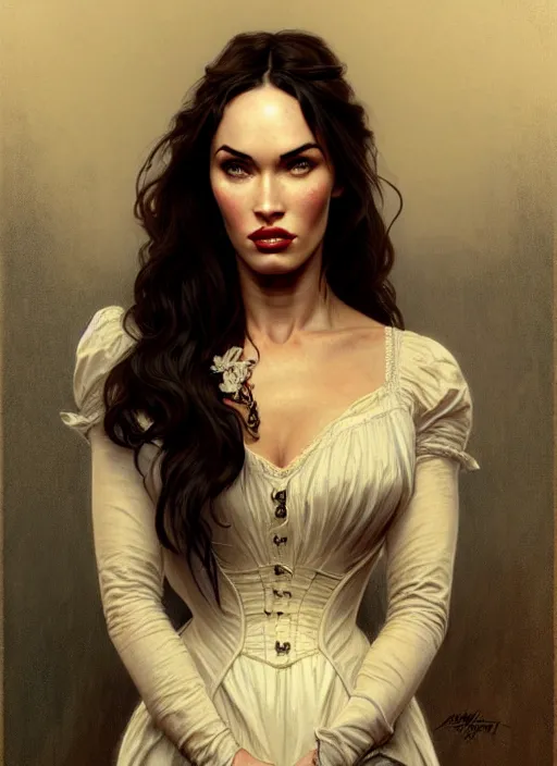 Image similar to portrait of megan fox in victorian dress, 1 8 9 0, intricate, headshot, highly detailed, digital painting, artstation, concept art, sharp focus, cinematic lighting, illustration, art by artgerm and greg rutkowski, alphonse mucha, cgsociety