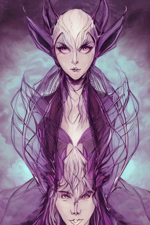 Image similar to concept art painting of a demonic evil elegant beautiful elf queen, moody vibe, moody lighting, artgerm, moebius, inio asano, toon shading, cel shading, calm, tranquil, vaporwave colors,