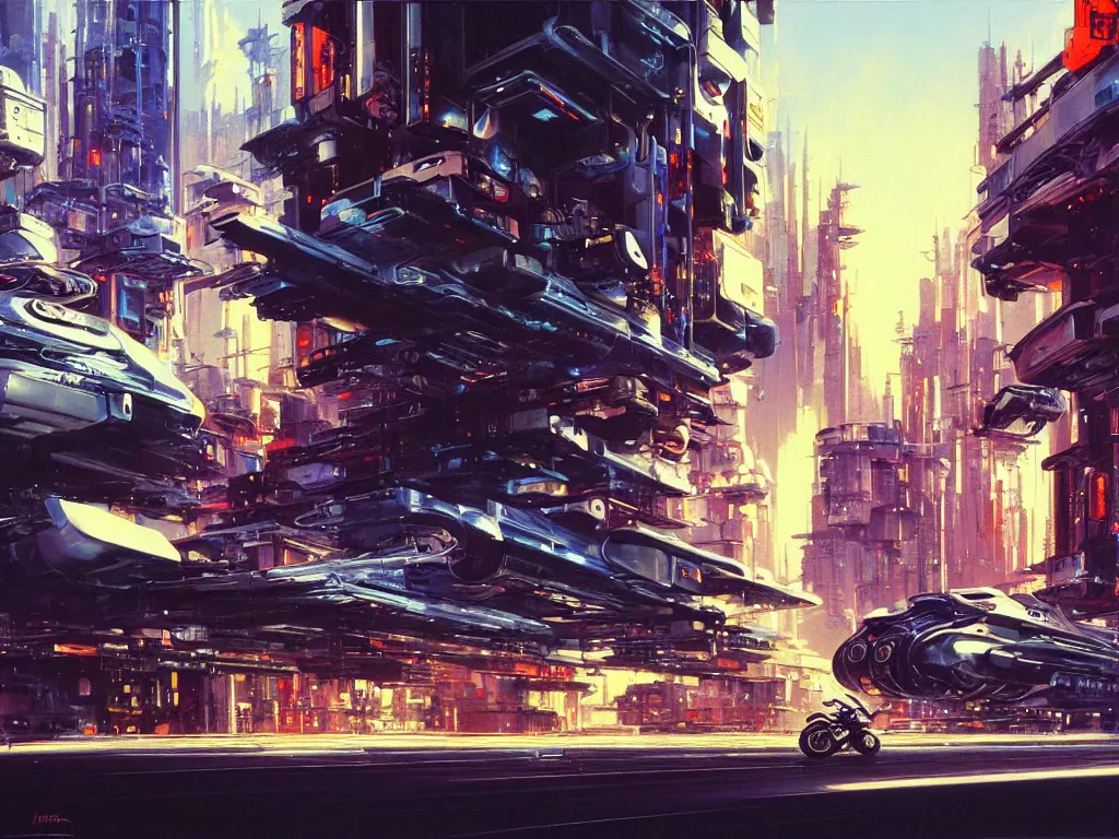 Prompt: hyperrealistic painting of a slice of life from a futuristic city, mechanical designs, futuristic vehicles, high - tech, night, elegant, motorbike, cinematic, cyberpunk style, cyberpunk ads, octane, highly detailed!, intricate, acrylic on canvas, 8 k resolution, concept art, by john berkey, moebius