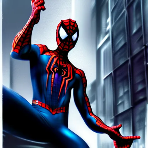 Image similar to futuristic depiction of spiderman, futuristic style spiderman, cyberpunk, craig mullins, large eyes, white webbing, comic book art