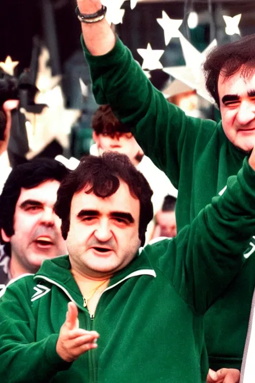 Image similar to gordon brown mixed with john belushi, dark black hair, wearing a green umbro tracksuit and gold necklace star shaped medallion, hands raised in the air,