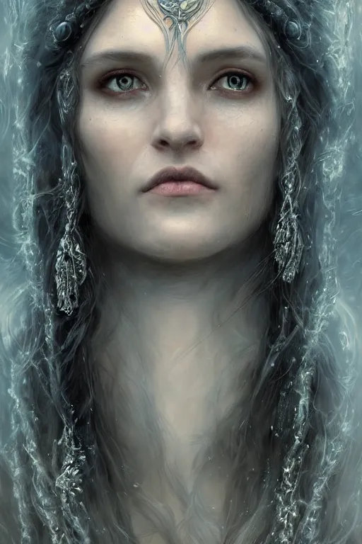 Image similar to realistic portrait of beautifully crystalized and detailed portrait of a elvish witch, matte painting of cinematic movie scene, dark fantasy, created by gustave dore and greg rutkowski, high detailed, smooth draw, synthwave neon retro, intricate, realistic proportions, dramatic lighting, trending on artstation.