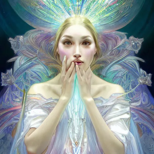 Image similar to a photograpic portrait of a anthropomorphic crystal wearing white clothes, iridescent colors, fantasy, intricate, elegant, highly detailed, digital painting, artstation, concept art, smooth, sharp focus, illustration, art by artgerm and H R Giger and alphonse mucha