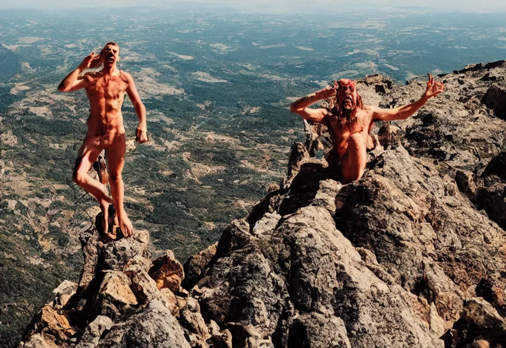 Prompt: psychedelic man on top of a mountain