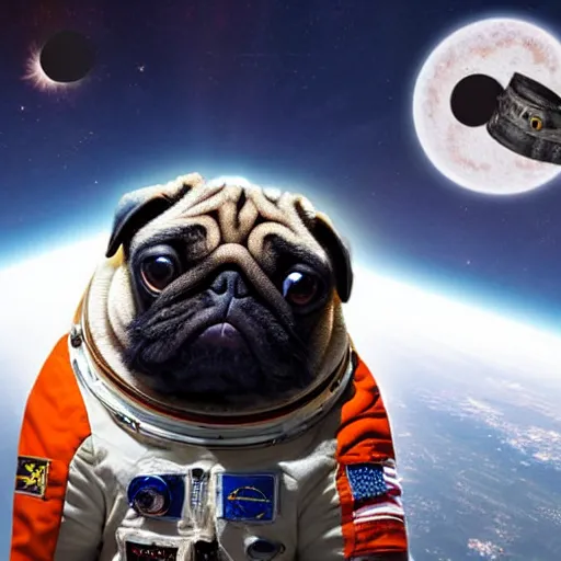 Prompt: hyper realistic, highly detailed, astronaut pug in space. solar eclipse in back.