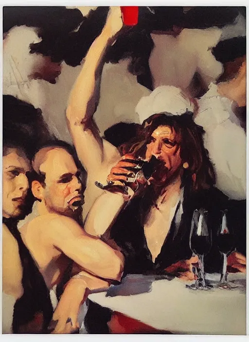 Image similar to polaroid of a glam rocker drinking brutal and raw wine with his friends by joaquin sorolla, phil hale, greek style, ultra detailed