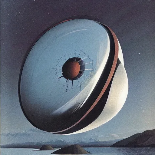 Image similar to a giant metal sphere, addorned with canadian aboriginal patterns!!!!!!!, hovering above a lake in Yukon, Ralph McQuarrie, concept art, dramatic perspective.