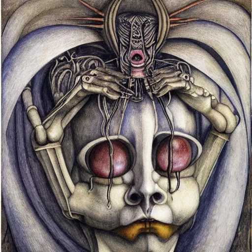 Image similar to weeping robot wearing the bone crown, by Annie Swynnerton and Diego Rivera and Evelyn De Morgan, symbolist, dramatic lighting, elaborate geometric ornament, Art Brut ,god rays, soft cool colors,smooth, sharp focus, extremely detailed, Adolf Wölfli