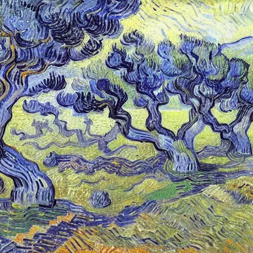 Image similar to olive trees in an ancient greek temple landscape, trending on art station, painting by vincent van gogh