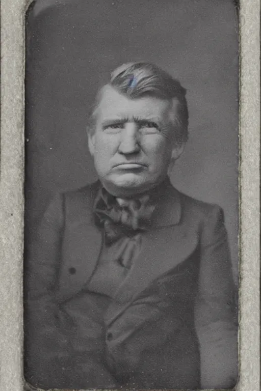 Prompt: a tintype photo of a caricature of Donald Trump