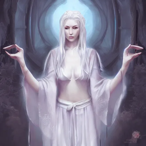 Prompt: white haired lady, white daoist robes, beautiful, ethereal, digital painting, highly detailed, full body, by Charlie bowater