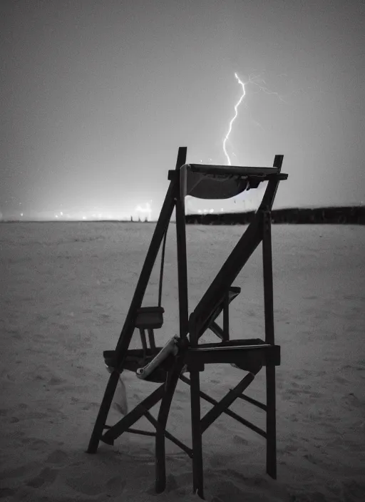 Prompt: a 2 8 mm macro photo of lightning striking a lifeguard chair at the beach, long exposure, misty, night, splash art, movie still, bokeh, canon 5 0 mm, cinematic lighting, dramatic, film, photography, golden hour, depth of field, award - winning, anamorphic lens flare, 8 k, hyper detailed, 3 5 mm film grain