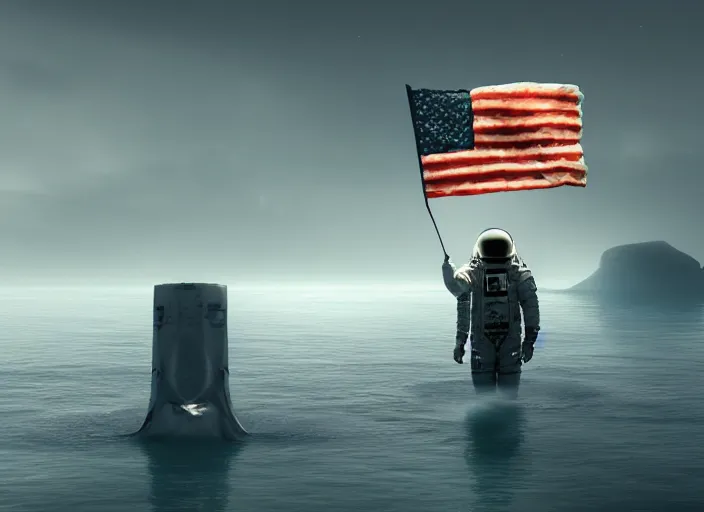 Image similar to astronaut holding a flag in an underwater desert. a submarine is visible in the distance. dark, concept art, cinematic, dramatic, atmospheric, 8 k, trending on artstation, blue, fish, low visibility, fog, ocean floor, christopher nolan, interstellar