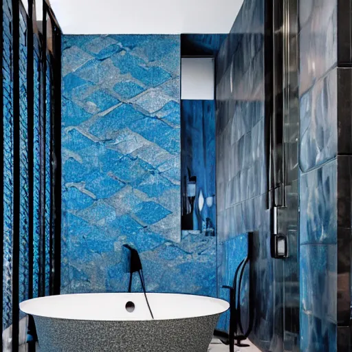 Image similar to a futuristic bathroom with walls and floor made of blue granite tiles. There is a small swimming pool on the floor.