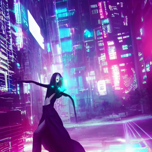 Image similar to a girl like (yoona, Elle Fanning), dancing, background cyberpunk city, kpop, fullshot, photo, volumetric lighting, epic composition, intricate details, dark neon punk, by KDA