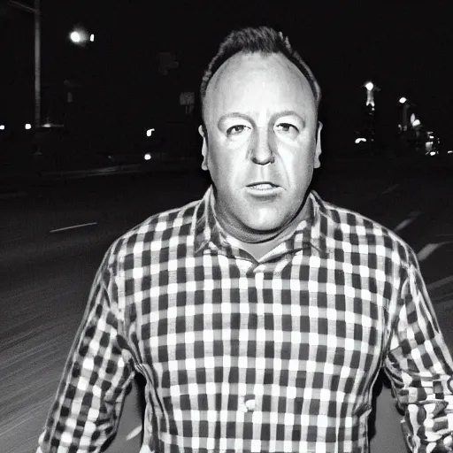 Prompt: dashcam footage of a very angry alex jones running in his pajamas, grainy night footage, black and white