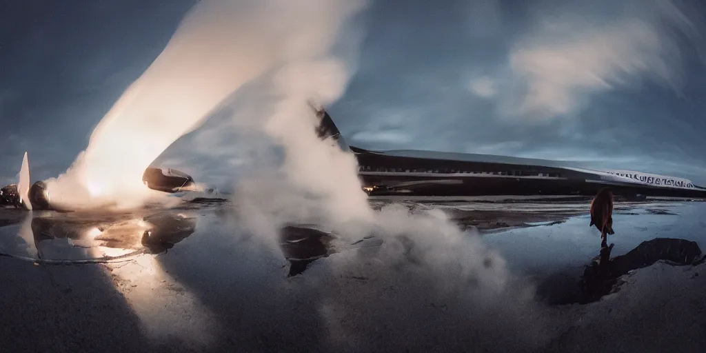 Prompt: burning concorde airplane in the background, fisheye slow motion with trail effect of futuristic beautiful female break dancer wearing long dark cloak, long exposure shot , enigmatic, at night in the middle of the arctic, paddle of water, steam, fog, water splashes, rim lights, glossy reflections, water on lens, octane render, Volumetric dynamic lighting, stunning cover magazine, high details,