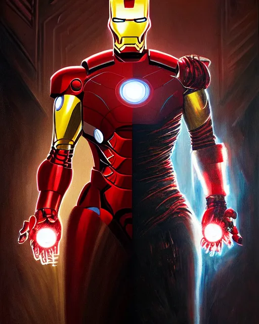 Prompt: a highly detailed portrait of a sinister Donald Trump as Iron Man, evil pose, by greg rutkowski and android jones in a surreal portrait style, oil on canvas, ancient cyberpunk 8k resolution, masterpiece