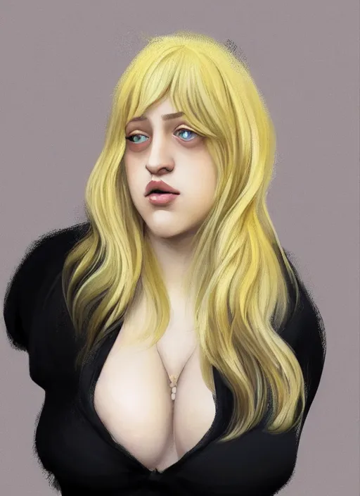 Image similar to full body portrait, teenage lili reinhart, blonde hair, obese, bangs, ponytail, sultry, realistic, sultry, fluffy bangs, shirt, curly bangs, fat, belly, intricate, elegant, highly detailed, digital painting, artstation, concept art, smooth, sharp focus, illustration, art by wlop, mars ravelo and greg rutkowski