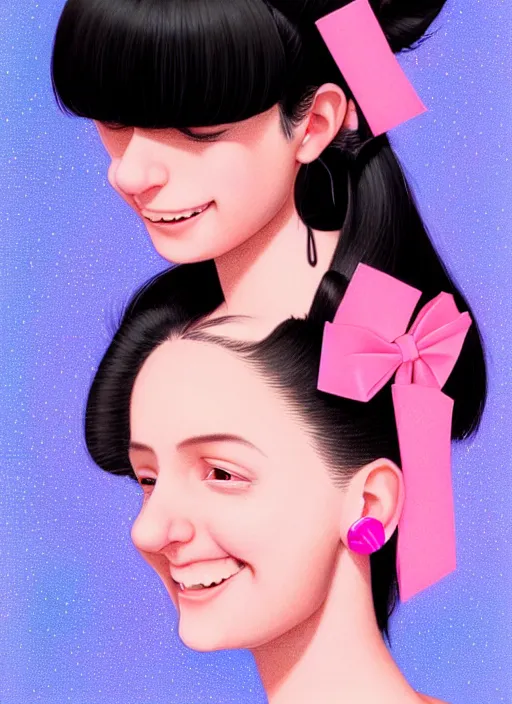 Image similar to portrait of high school girl, realistic, black hair, bangs, half updo hairstyle, pointy nose, skinny, smile, ugly, defined jawline, big chin, pink hair bow, earrings, intricate, elegant, glowing lights, highly detailed, digital painting, artstation, sharp focus, illustration, art by wlop, mars ravelo and greg rutkowski