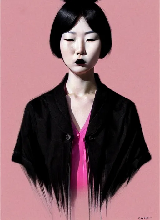 Image similar to portrait of a korean woman with a crooked nose and a confident expression, 1 9 6 0 s, black clothes, goth, punk, brightly coloured hair, funk, intricate, elegant, highly detailed, digital painting, artstation, concept art, smooth, sharp focus, illustration, art by wlop, mars ravelo and greg rutkowski