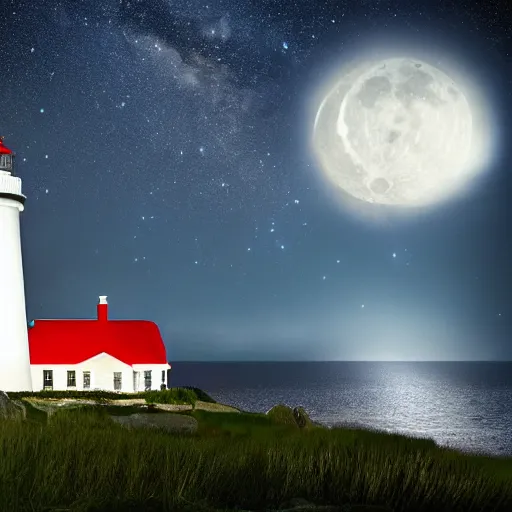 Prompt: Photography, very detailed, hyper-realistic A red and white striped lighthouse shining out onto the sea; a white house with a red roof with the lights on inside; thin dark trees behind; nighttime with stars behind; full moon; 8k