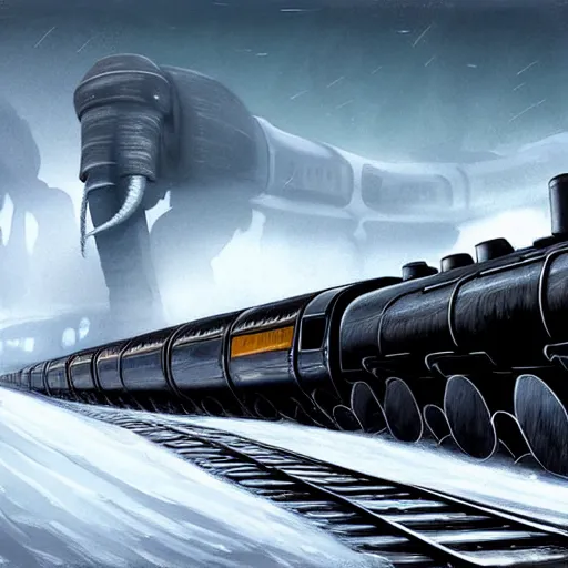 Image similar to a futuristic black steam train and a giant mammoth, post - apocalyptic ice landscape with heavy snow, concept art, artstation, highly detailed, digital art