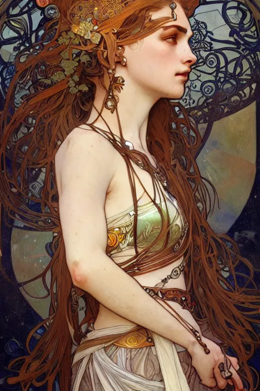 Prompt: realistic detailed portrait of a very beautiful warrior queen by alphonse mucha, charlie bowater, cyberpunk! style, mechanical accents!, flowing wires with leaves, rich deep moody colors