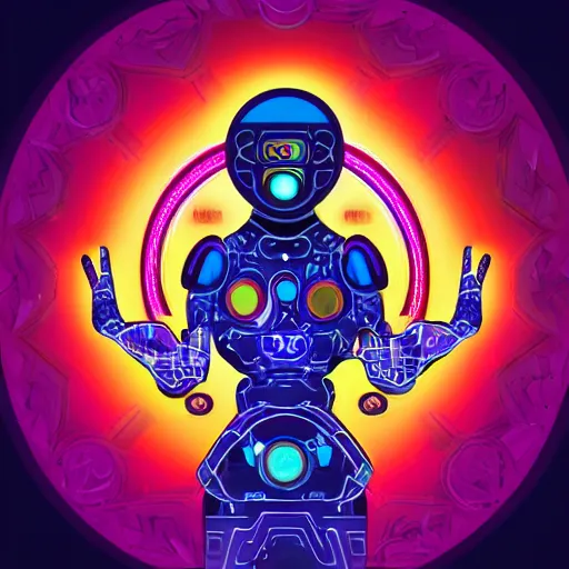 Prompt: portrait of a future metaverse cyborg tech shaman warrior, 2D cartoon, flat cartoony, visionary art, symmetric, Magick symbols, holy halo, shipi bo patterns, sci-fi