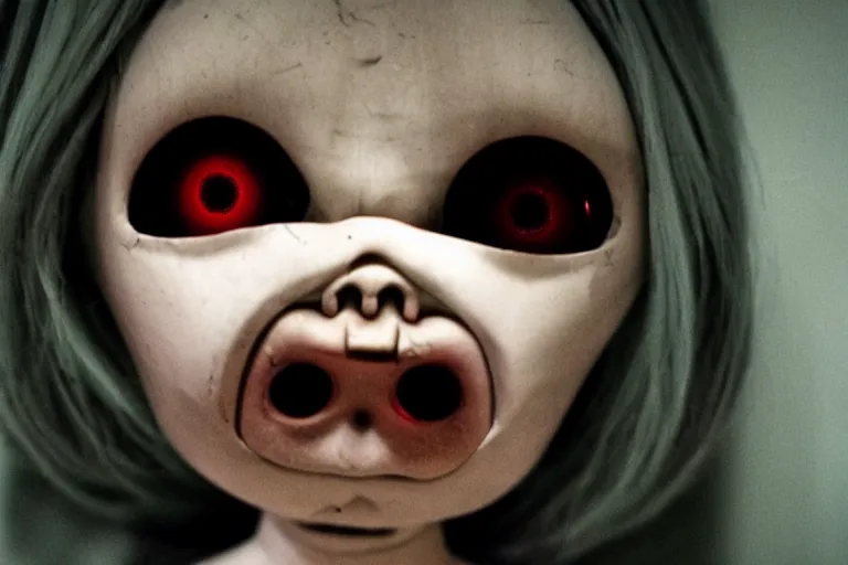 Image similar to a creepy doll with very human eyes staring out at the viewer, horror movie