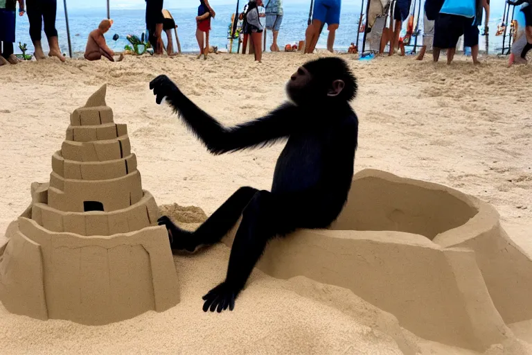 Image similar to a monkey touching a completed sand castle